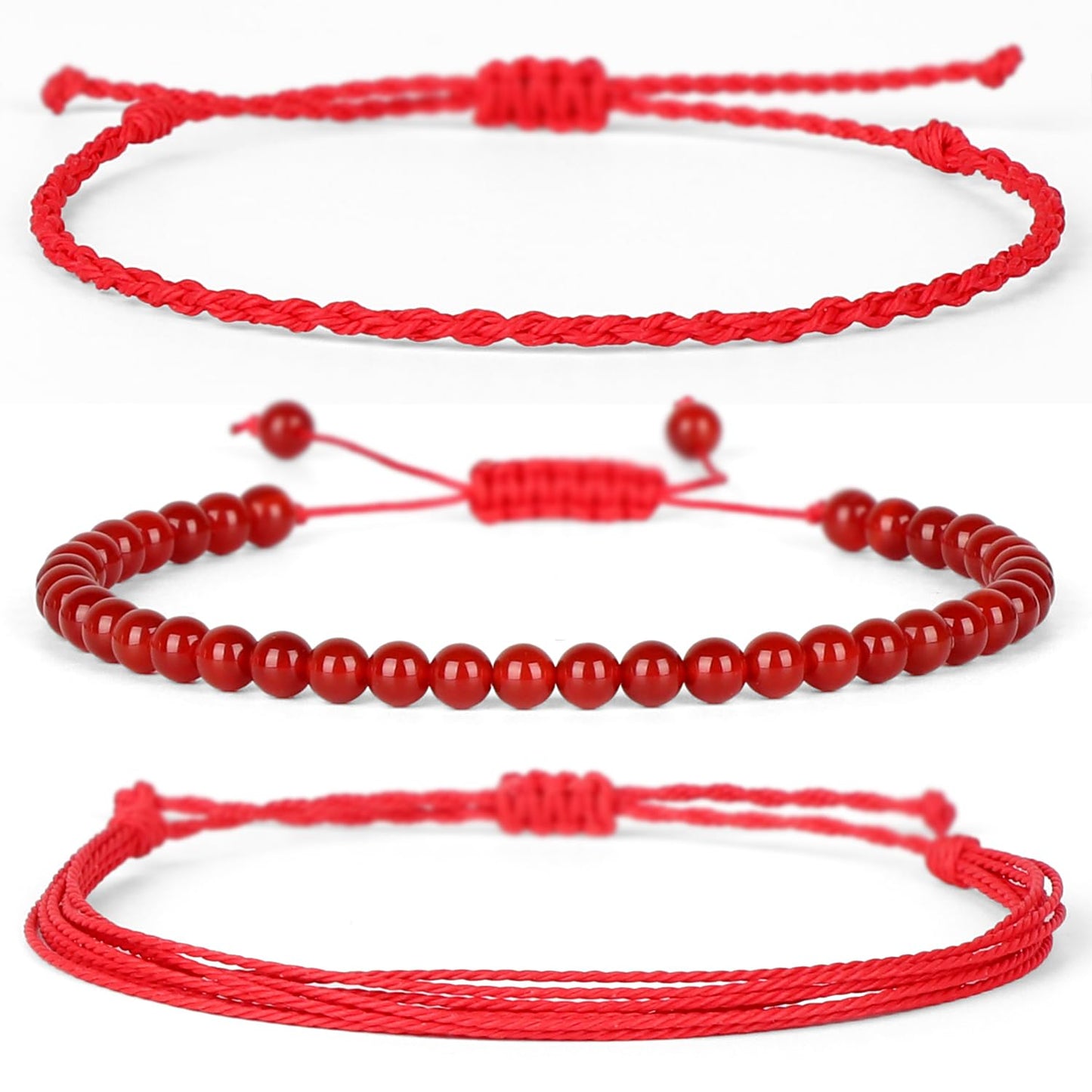QOGIR Handmade Healing Stones Bracelet,4mm Natural Carnelian Gemstone Beads Bracelet, for Men Women Gifts with 2PCS Size Adjustable Rope Bracelets