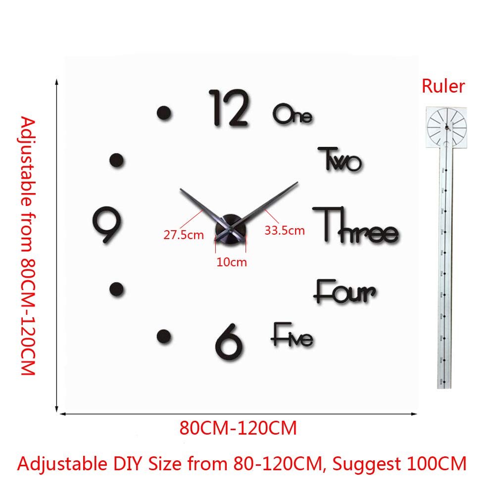 FASHION in THE CITY Large 3D Frameless Wall Clock Stickers DIY Wall Decoration for Living Room Bedroom Office (Black)