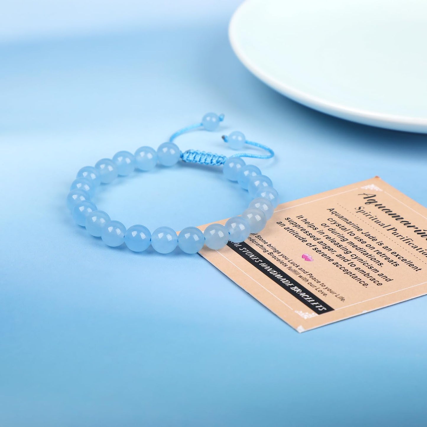 AD Beads 8mm Aquamarine Jade - Spiritual Purification - Handmade Natural Stone Crystal Bracelet with Adjustable Macrame String - Yoga Healing Power Energy Gifts for Men and Women