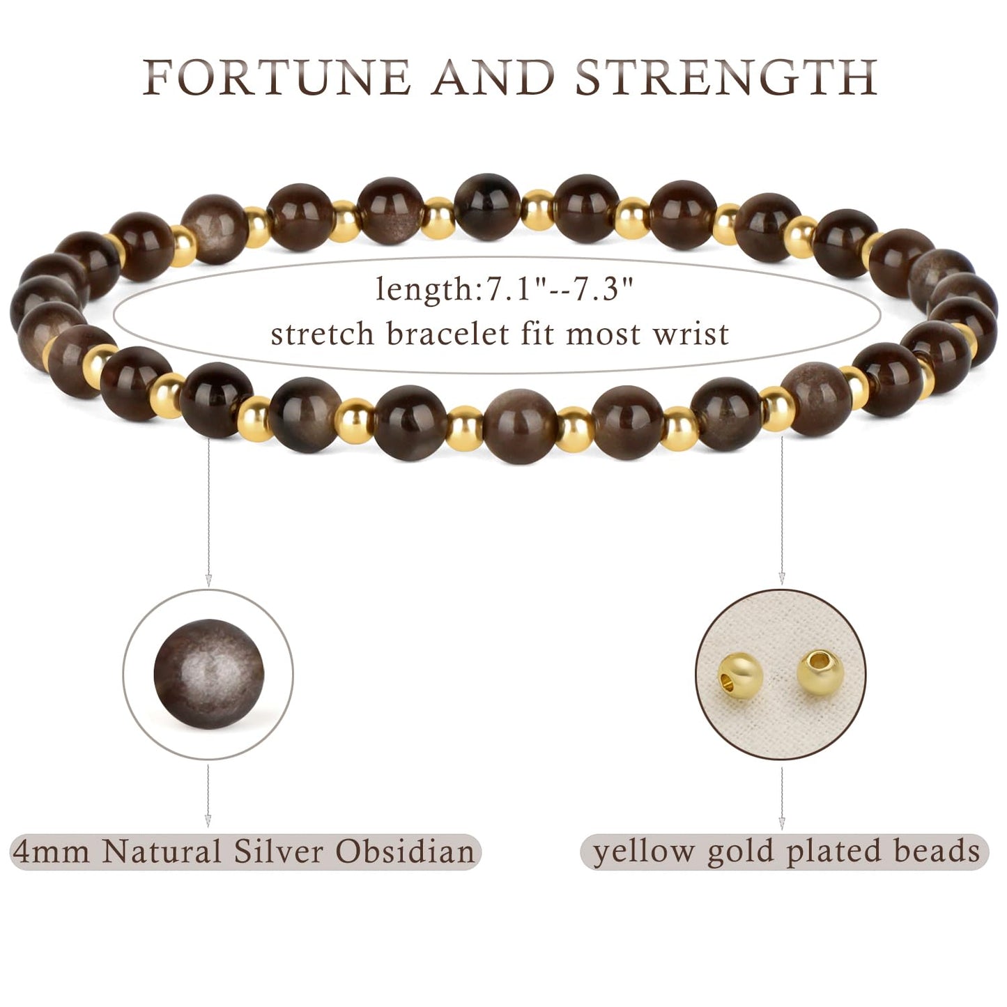 QOGIR Silver Obsidian - Fortune and Strength - 14K Gold Plated Beads Natural Gemstone Stretch Elastic Dainty Healing Beaded Bracelets Gifts 4mm