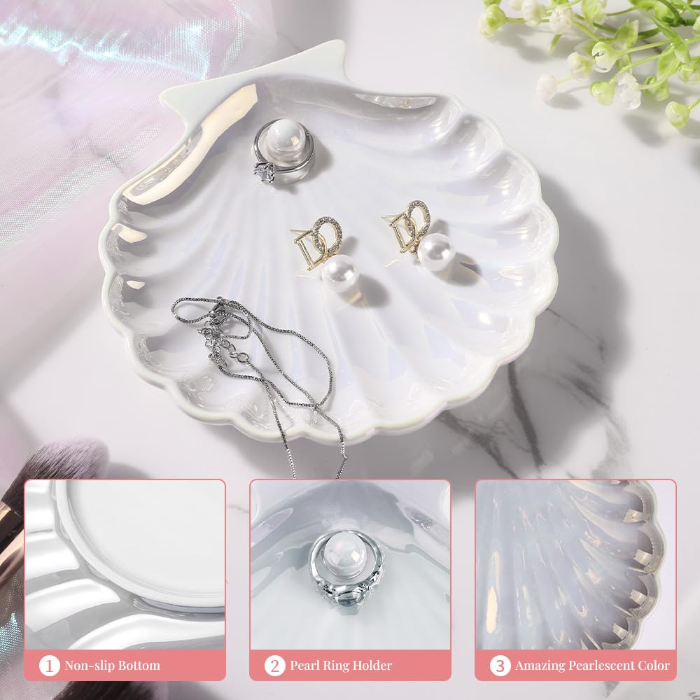 AISBUGUR Shell Ring Holder Dish, Shell Jewelry Tray, Trinket Dish, Cute Decorations for Coastal Home Decor, Bathroom Decor, 5.5", White