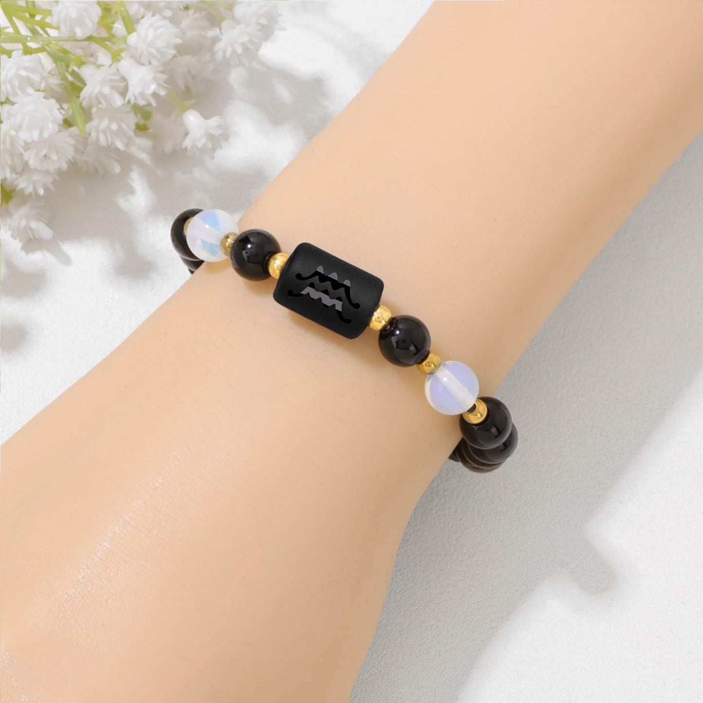 Zodiac Aquarius Black Obsidian And Opal Bracelets for Women Men-8mm Tiger Eye Beads Healing Crystals Mens Jewelry Anxiety Relief Bracelets for Valentine's Day Mother's Day Christmas Birthday Gifts