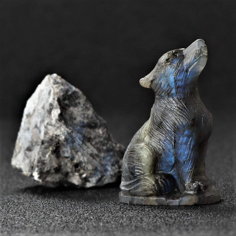 Artistone 2.0" Labradorite Crystal Wolf Statue Decor Hand Carved Gemstone Wolf Gifts Figurines Animal Carving Sculpture Crystal and Healing Stones Home Decoration (Gift Box)