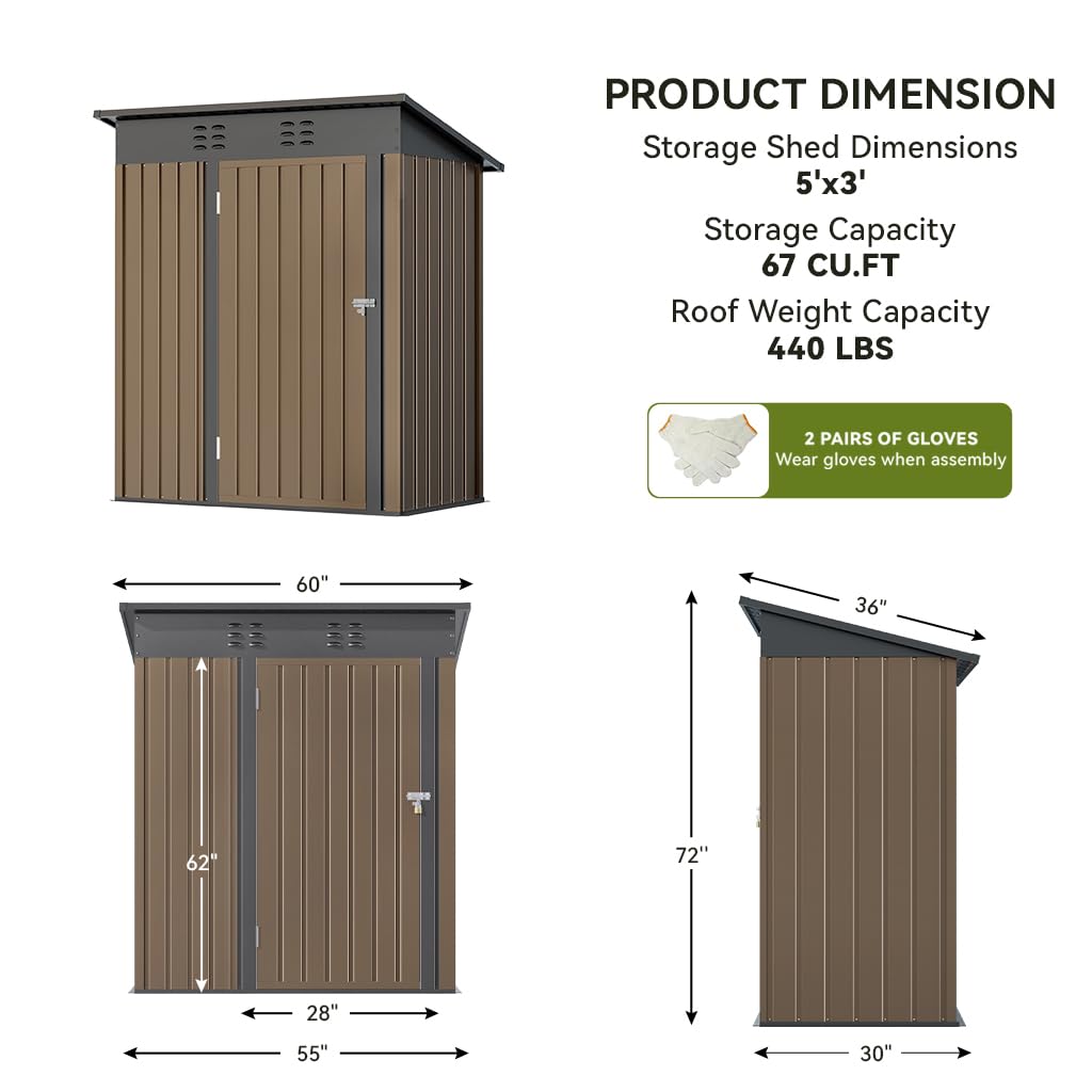 COMHOMA Shed Outdoor Storage Shed Metal,Lockable Doors Tool Sheds with Sloping Roof,Steel Garden Shed with Air Vent for Backyard,Patio,Lawn,Poolside(Brown,5'*3')