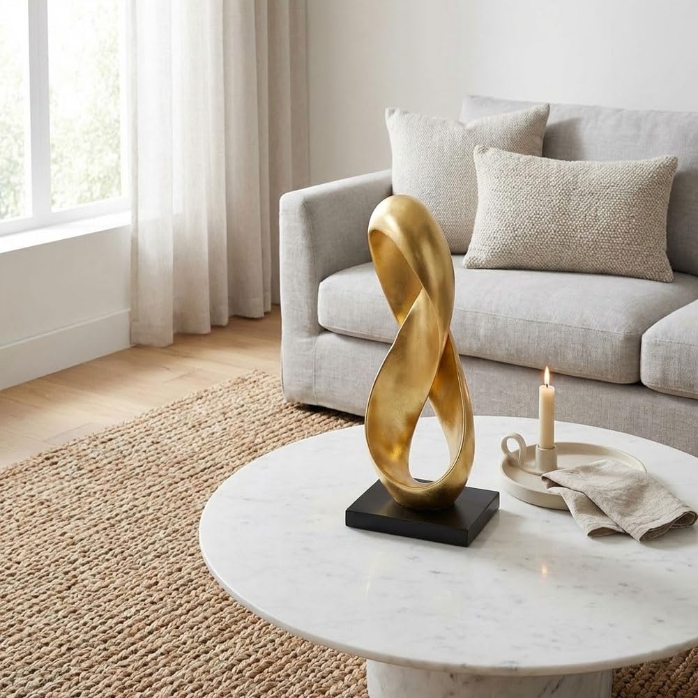 QIANLING 14.6" Tall Abstract Gold Knot Sculpture, Modern Resin Infinity Loop Statue, Modern Tabletop Decor for Coffee Table, Bookshelf, Mantel, Entryway, Living Room Office Accent Centerpiece