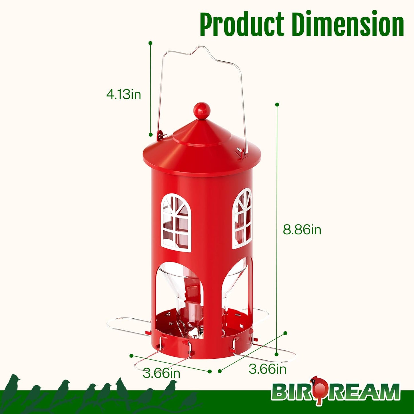 Birdream Metal Bird Feeder for Outdoors Hanging, Small Lighthouse Bird Feeder with Clear Seed Tube, Folding Stainless Steel Perches, for Small Wild Birds Finches Chickadees, Red