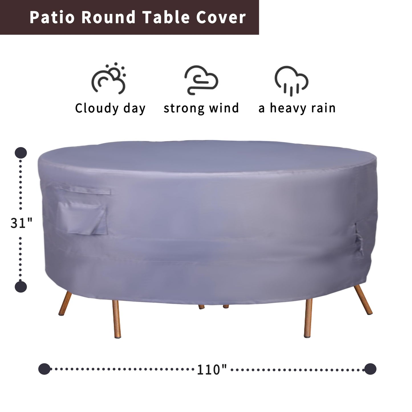 JSSunday Round Patio Furniture Cover, Heavy Duty and Waterproof for Outdoor Furniture covers, Round outdoor table cover, Patio table cover 110"DIA x 31"H Grey