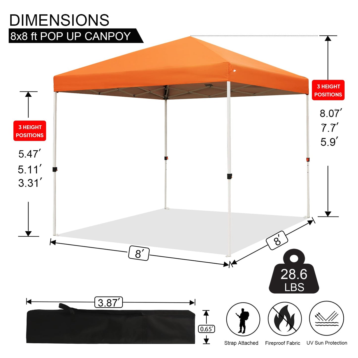 Northroad 8X8 FT Pop Up Canopy, Outdoor Instant Canopy Tent w/Carrying Bag, Portable Gazebo Shelter for Wedding Party,Commercial Event,Patio,Garden,Beach -Orange