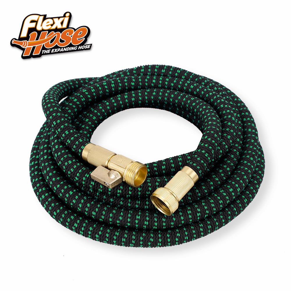 Flexi Hose with 8 Function Nozzle, 50FT - Lightweight Expandable Garden Hose, No-Kink Flexibility, 3/4 Inch Solid Brass Fittings and Double Latex Core - Green