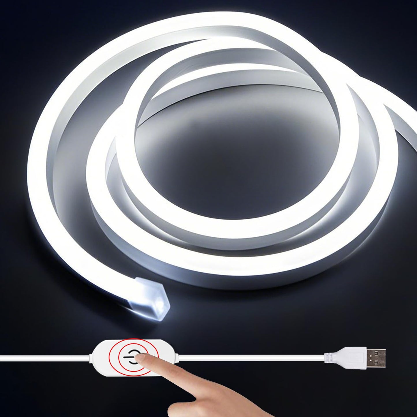 XINGZHI 3.28FT White Neon Light Strip, 5V USB White Led Strip Lights with Touch Controller, Flexible Neon Rope Light for Bedroom, Party, Home Decor, Poster Lights