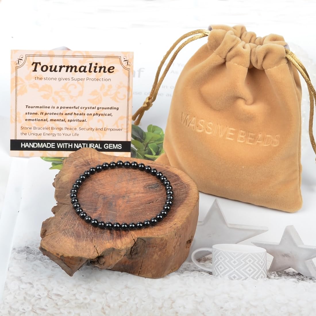 MASSIVE BEADS Black Tourmaline - Super Protection - Handmade Yoga Stretch Elastic Bracelet Natural Stone Crystal Healing Power Energy Gifts for Unisex Adult 4mm