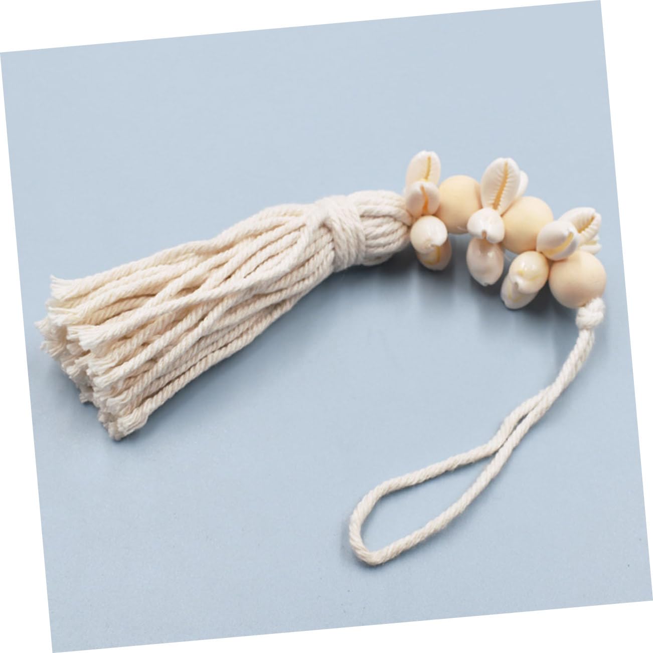 KONTONTY Boho Coastal Decor Wooden Beads String Pendant with Cotton Tassels and Seashells 9.84In Rustic Farmhouse Hanging for Wall Window Decoration