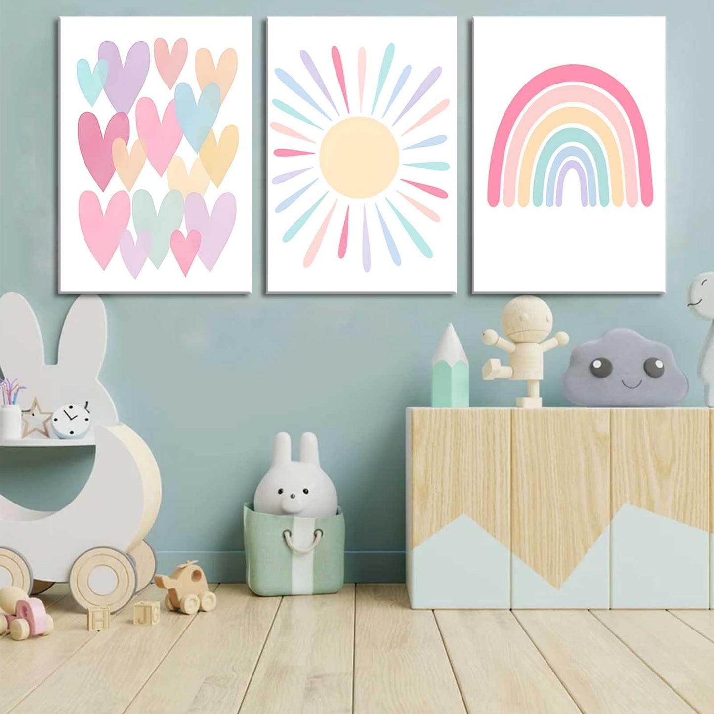 RCJARTI 3Pcs Pink Nursery Canvas Wall Art Rainbow Poster Kids Bedroom Baby Girls Toddler Pastel Wall Decor Prints Sun Boho Pink Sunshine Painting for Classroom School Nursery Decoration 12x16in