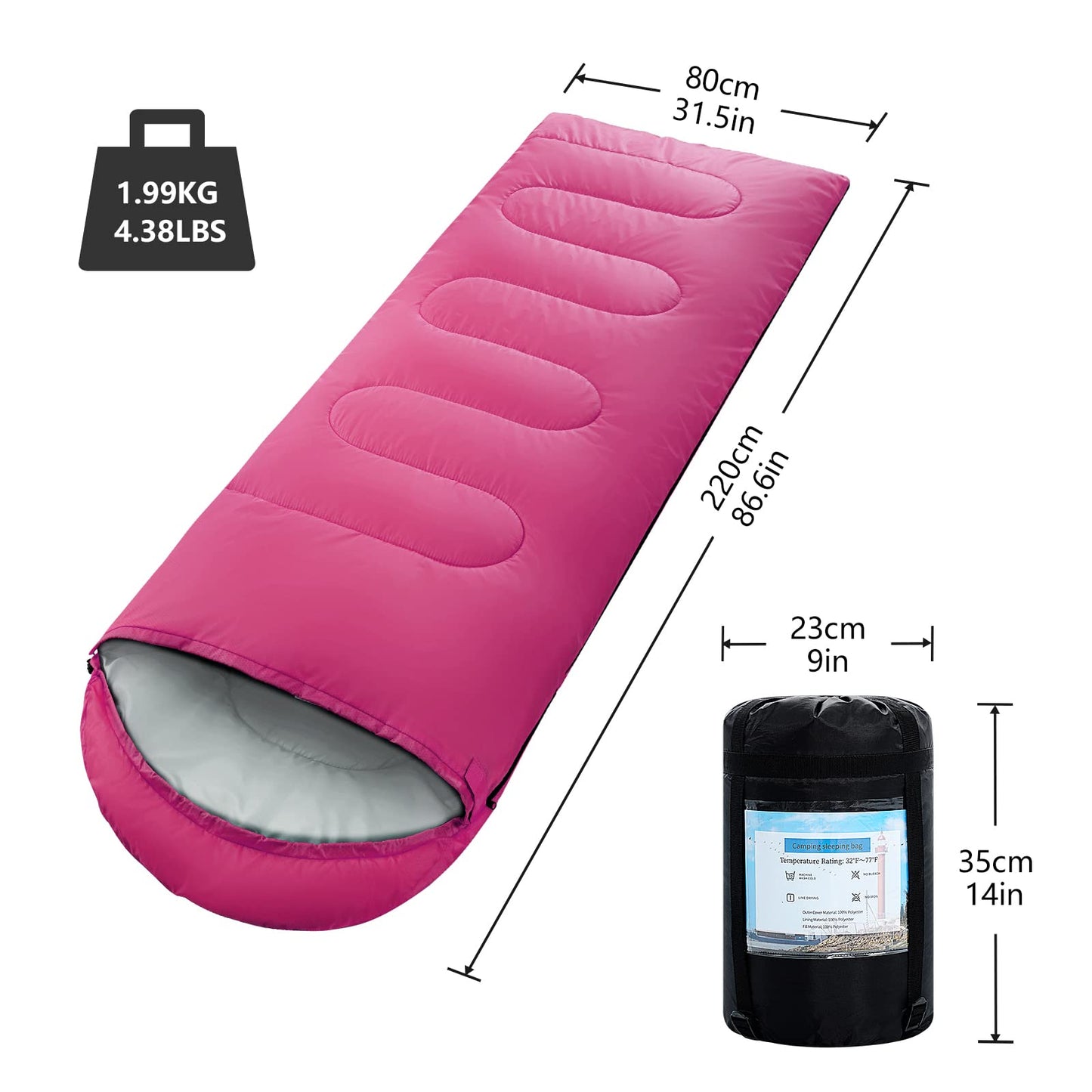 ORTHOMTEX Sleeping Bags for Adults,Teens and Kids Girls-Warm & Cold Weather Lightweight,Waterproof Backpack,Great for 3-4 Seasons Hiking,Camping and Outdoor Mountaineering(Pink/Right Zip)