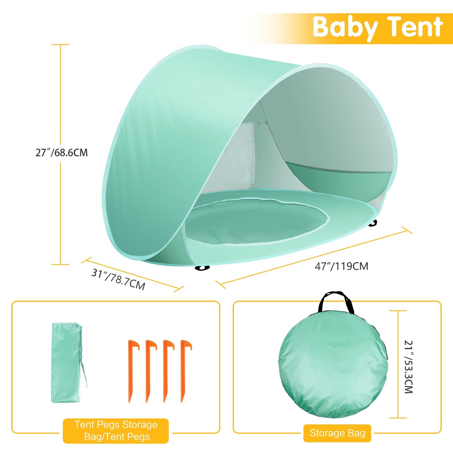 Baby Beach Tent with Pool, Pop Up Sun Shelter UPF 50+ UV Protection for Infant Toddlers, Portable Shade Tent with Carry Bag for Beach Outdoor Travel