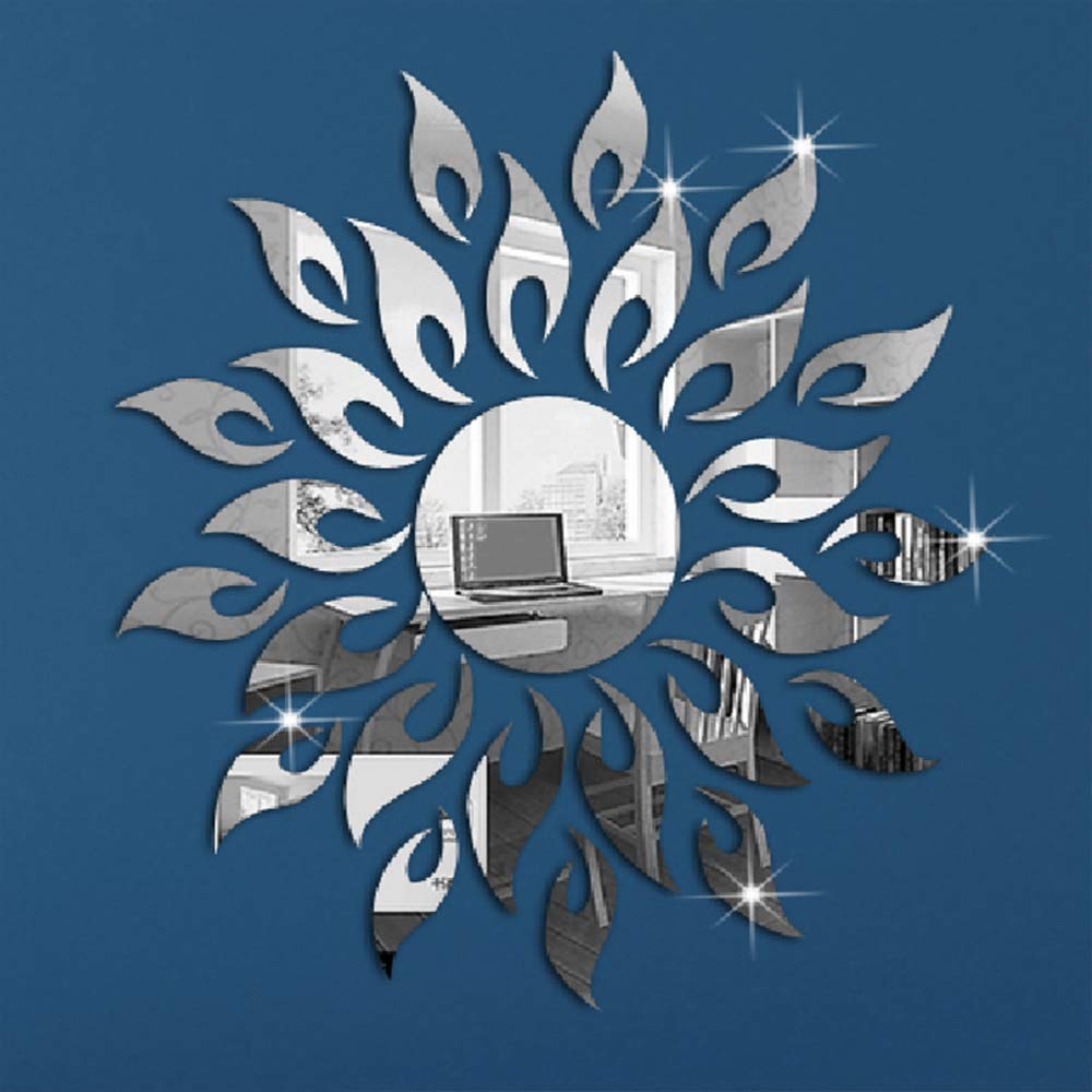 Sunflower Mirror Wall Stickers Decor, Round Acrylic DIY Self-Adhesive Wall Art Decals Miroir Mural Home Decorations for Living Room, Bedroom, TV Background Home Décor（Silver）