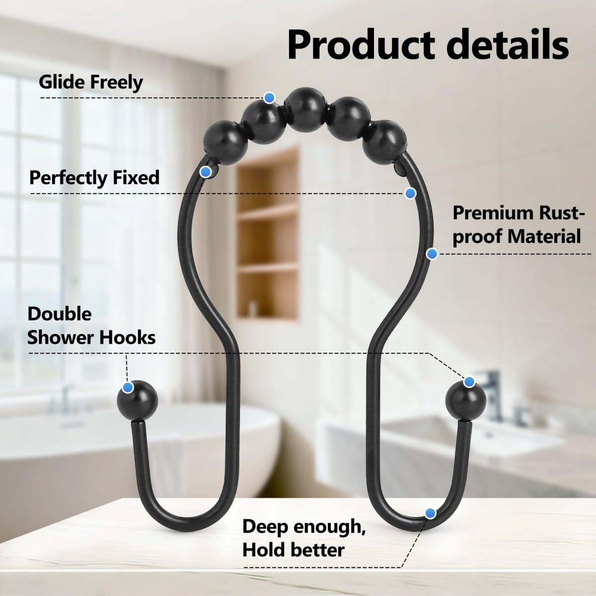 Resze Shower Curtain Hooks, Sturdy Metal Black Shower Curtain Rings, Glide Roller Double Shower Hooks, Rust Proof Anti-Drop Curtain Hooks, 12 Pcs Smooth Sliding Rings for Bathroom Shower Rods Curtains