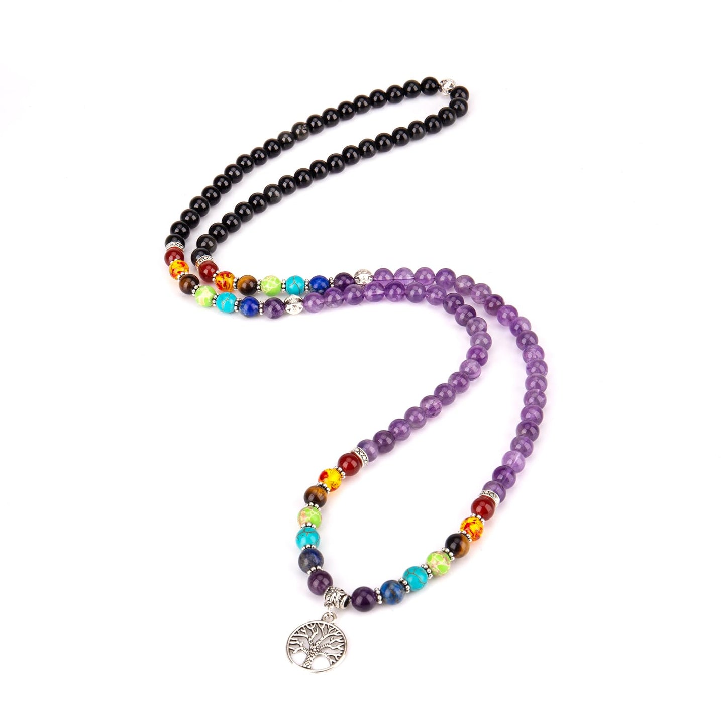 PWMENLK 108 Mala Beads Meditation Necklace 7 Chakra Buddhist Prayer Beaded Bracelet Tree of Life Pendant Necklace Healing Stone Yoga Necklace Women Men Bracelets(Amethyst&Obsidian)