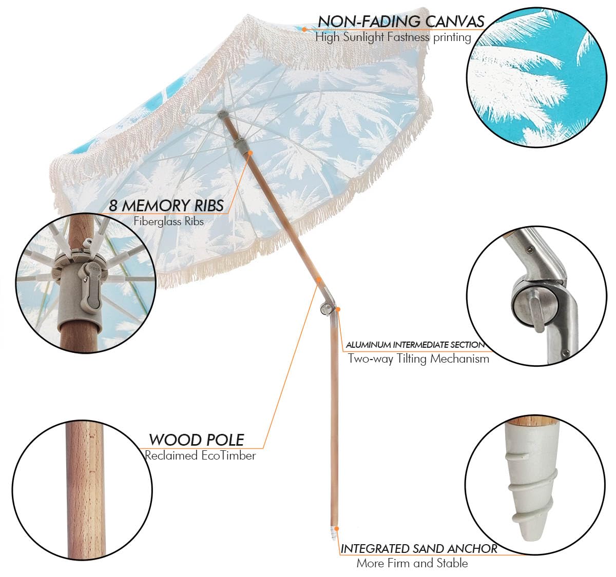 STANDERECT 6.5Ft Boho Beach Umbrella with Fringe, Tassel Umbrellas with Tilting Wood Pole & Carrying Bag, UPF 50+ for Beach (Palm)