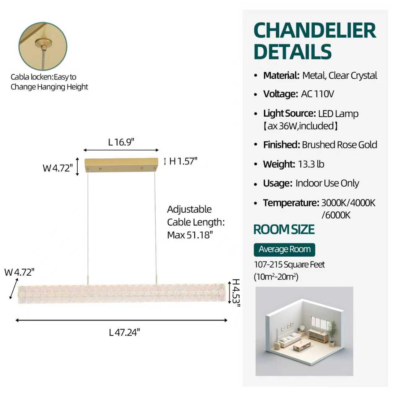 BESTWEST Modern 47.2inch Rectangle Crystal Chandelier, Dimmable Led Crystal Pendant Lighting for Dining Room Kitchen Island, Linear Chandelier Hanging Light Over Table
