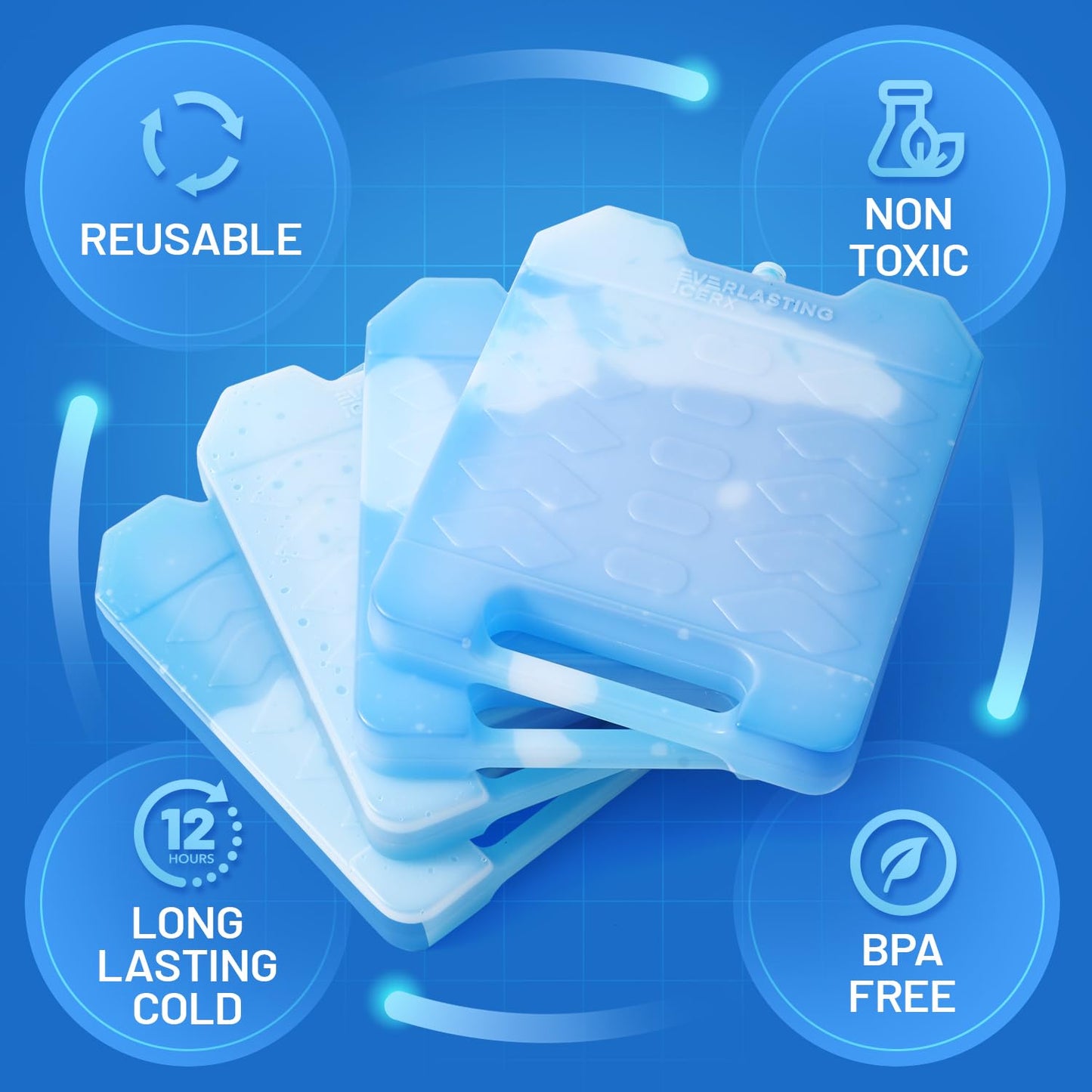 Large Reusable Ice Packs for Cooler with Handle (4 Pack) Long Lasting Coolness, BPA Free, Freezer Packs for Extended Cooling | Cooler Ice Packs for Camping, Fishing, Hiking, Beach