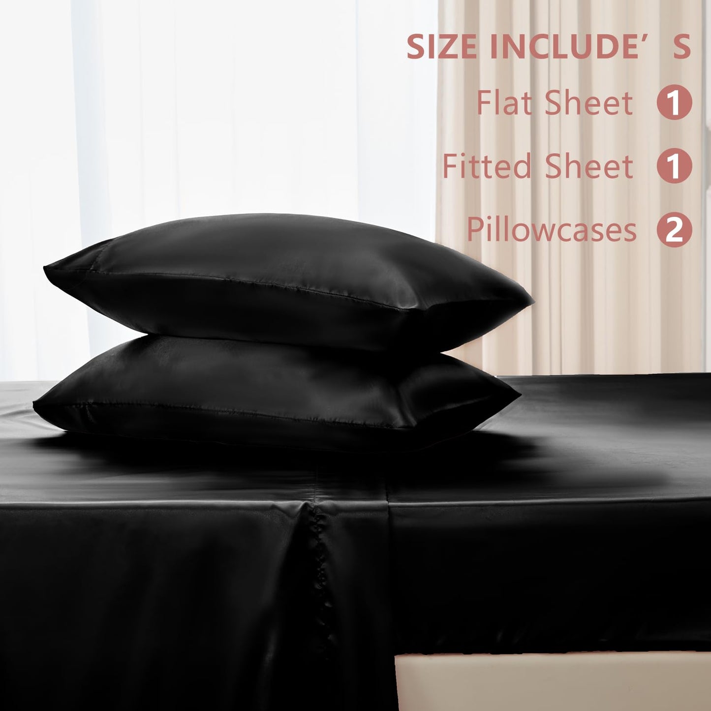CozyLux Satin Sheets Queen Size Bed Set - 4 Piece Silky Queen Sheet Set, Luxury Black Queen Sheets with Smooth and Soft Microfiber, Includes 1 Fitted Sheet, 1 Flat Sheet and 2 Pillowcases