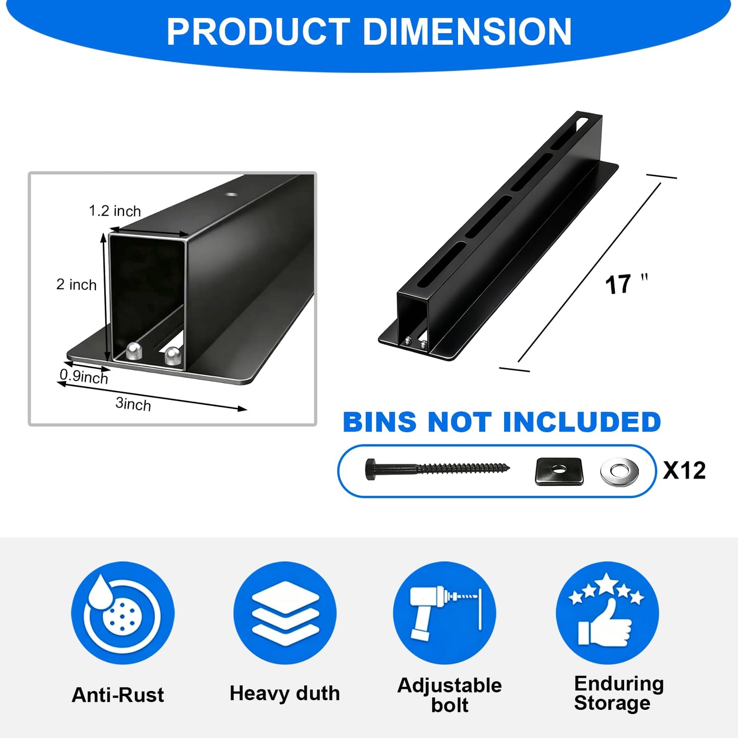 Demimy Overhead Garage Storage Rack, Heavy Duty Ceiling Mount Bin Holder for 7-27 Gallon Tote Storage Container Bins, 17-Inch Black Metal Rails for Organization Shelving System, Iron Material, 6 Pack