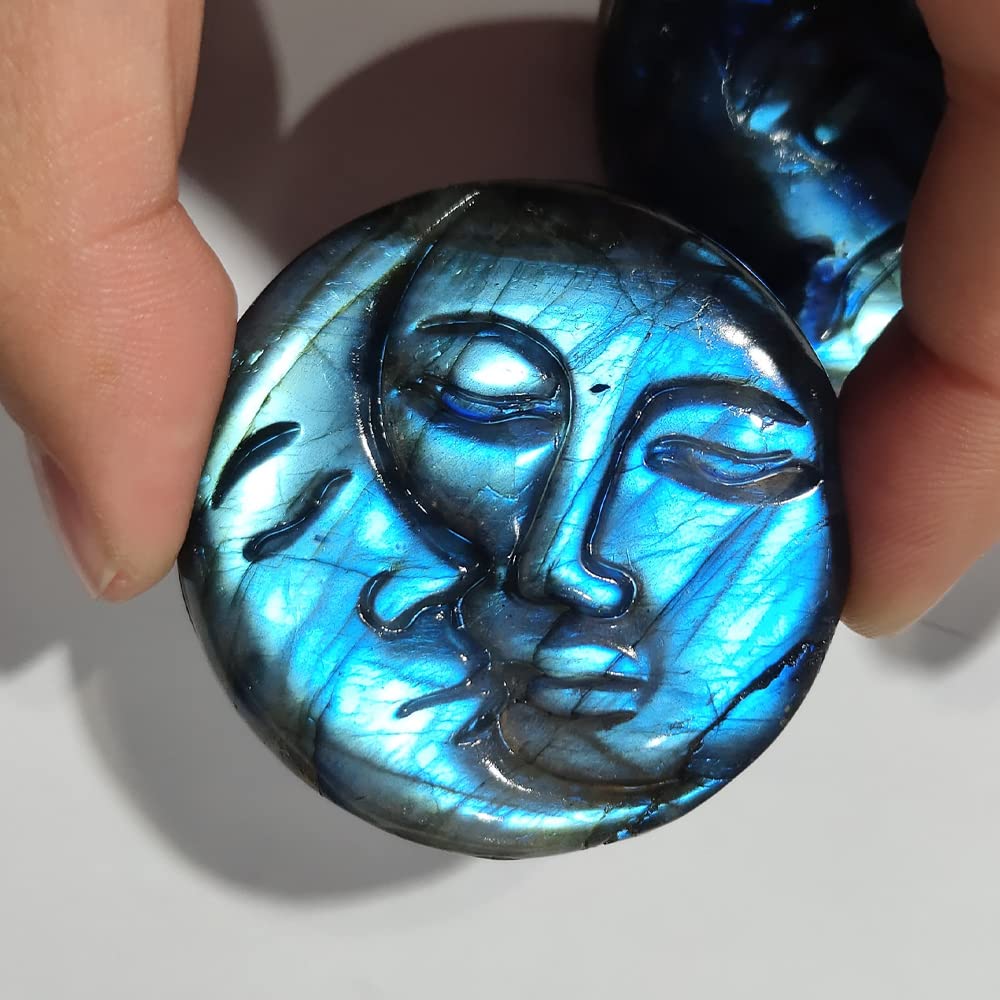 SaiDian 1Pcs Sun Moon Face Natural Labradorite Healing Sphere Stone Quartz Carved Crystal Ornaments Decor Reiki Minerals Meditation Home Decoration