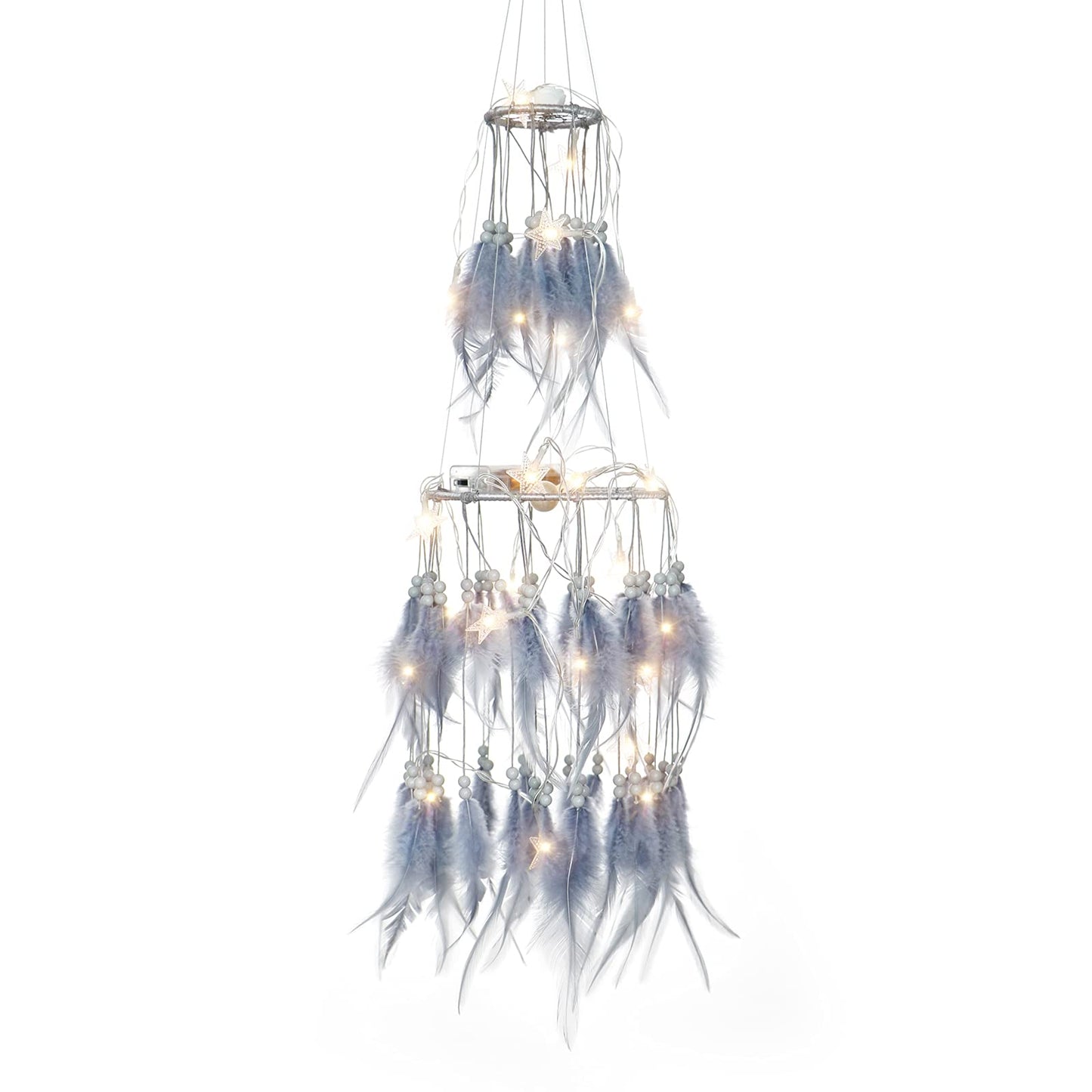 Dremisland Double Circle White Feather Dream Catcher with Mobile LED Fairy Lights Wall Hanging Ornaments Ceiling Decor for Bedroom Decor Wedding Decorations Boho Chic Party Nursery Decor (Grey)