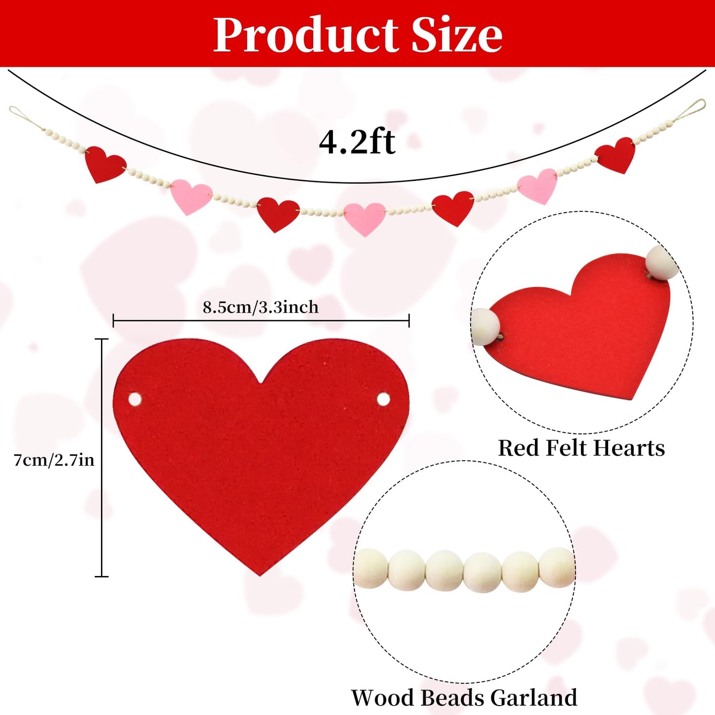 4.2 FT Felt Heart Wooden Beads Garland Valentine's Day Hanging Decorations, Romantic Beaded Tiered Tray Decor, Rustic Farmhouse Banner for Love Celebration, Shelf Display, Fireplace, Wall Decor