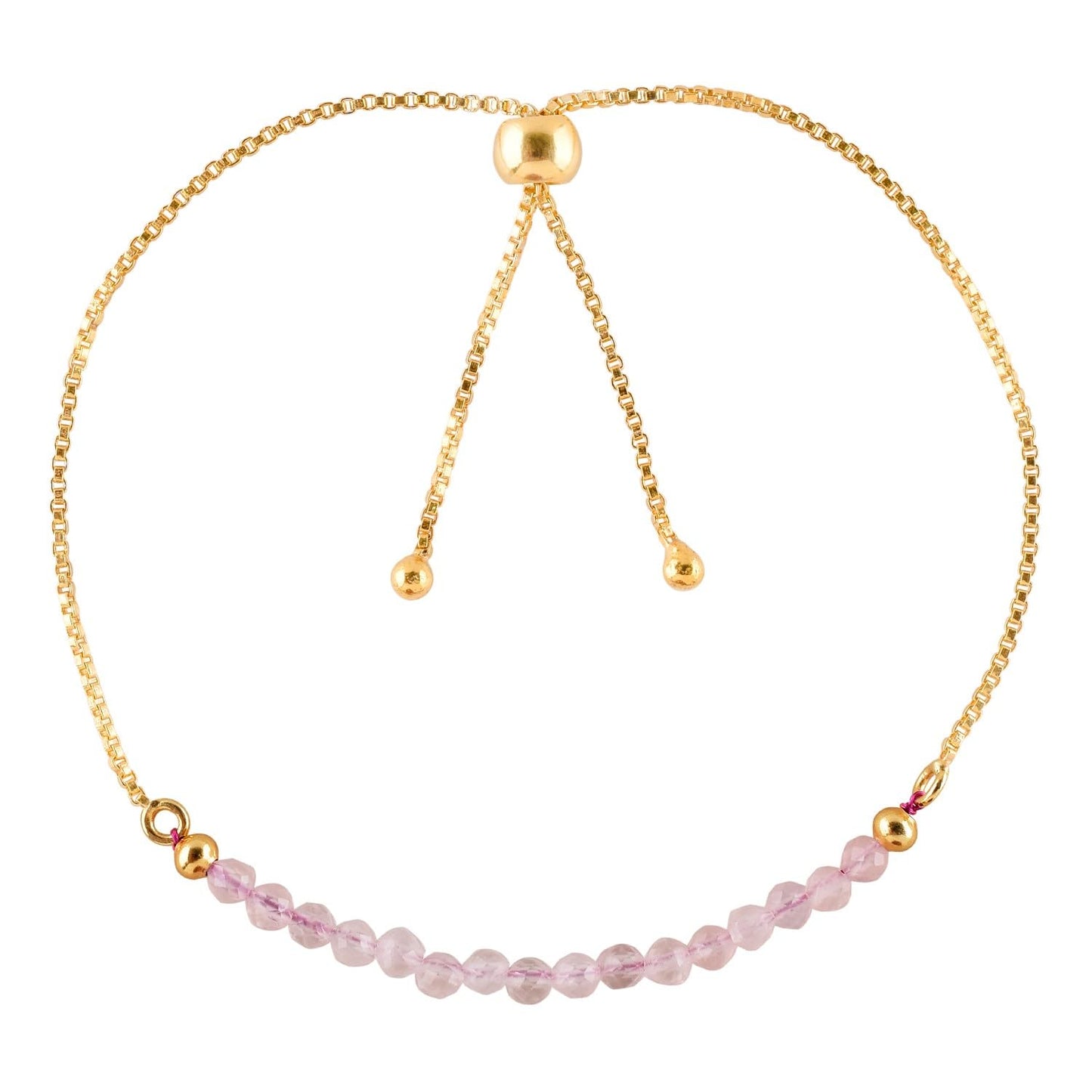 QNAVIC Natural Rose Quartz Gemstone Micro Beaded Dainty Slider Bolo Bracelet, Handmade Jewelry for women, Healing Chakra Crystals Birthstone Gift for Her, 14K Gold Plated Chain 6-9 inch