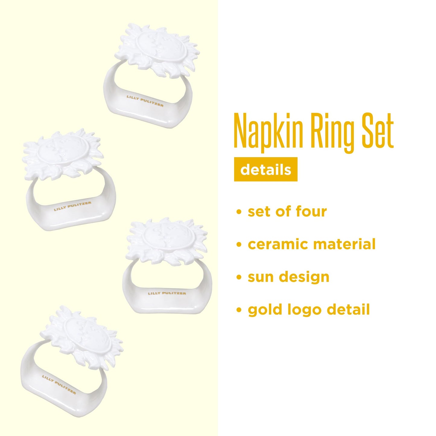 Lilly Pulitzer Ceramic Napkin Ring Set of 4, Sun Table Setting Accessories, Coastal White Napkin Holder Rings (Sun Tiles Home)