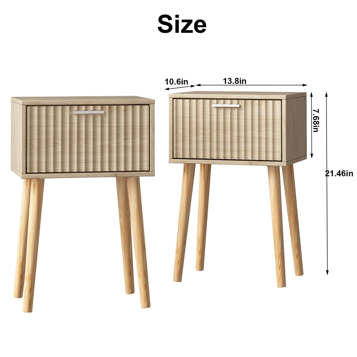 LAATOOREE Nightstands Set of 2, Small Side Table, Bedside Table with Fluted Door, Solid Wood Feet; Modern Mid-Century End Table for Bedroom, Small Space (Natural)