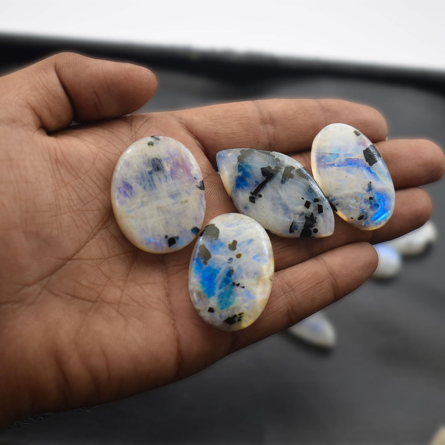 Natural 5, 4 & 3 Pcs Gemstones Cabochons Lot (15–30 MM), Multi Shape Stones for Jewelry Making Supplies Healing Crystals Gems Loose Gemstones (Tourmilated moonstone, 4pcs)