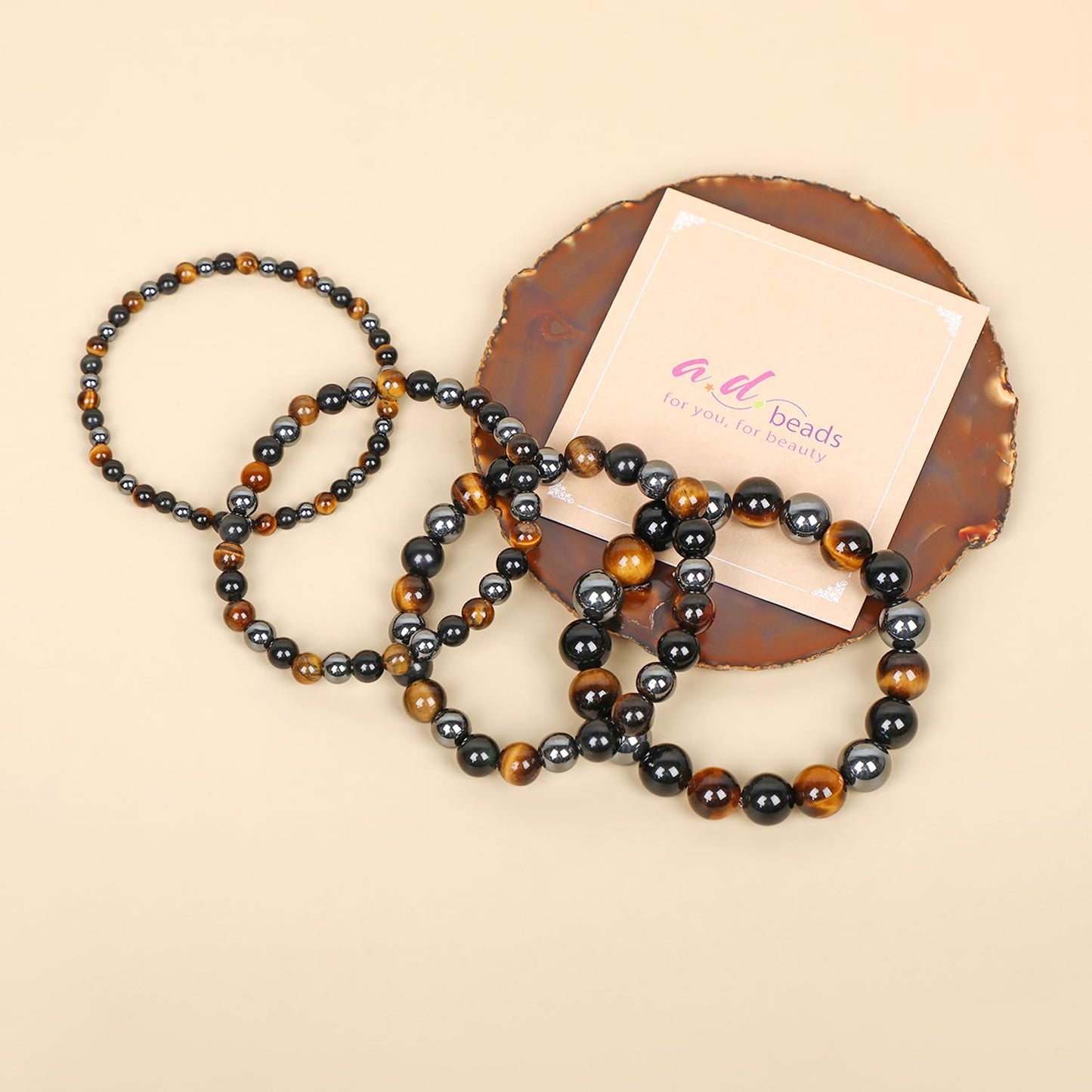 AD Beads Handmade Gemstone Stretch Elastic Bracelet Crystal Healing Reiki Nature's Beauty and Spiritual Essence Unisex (8mm, Triple Protection (Strong Protect))