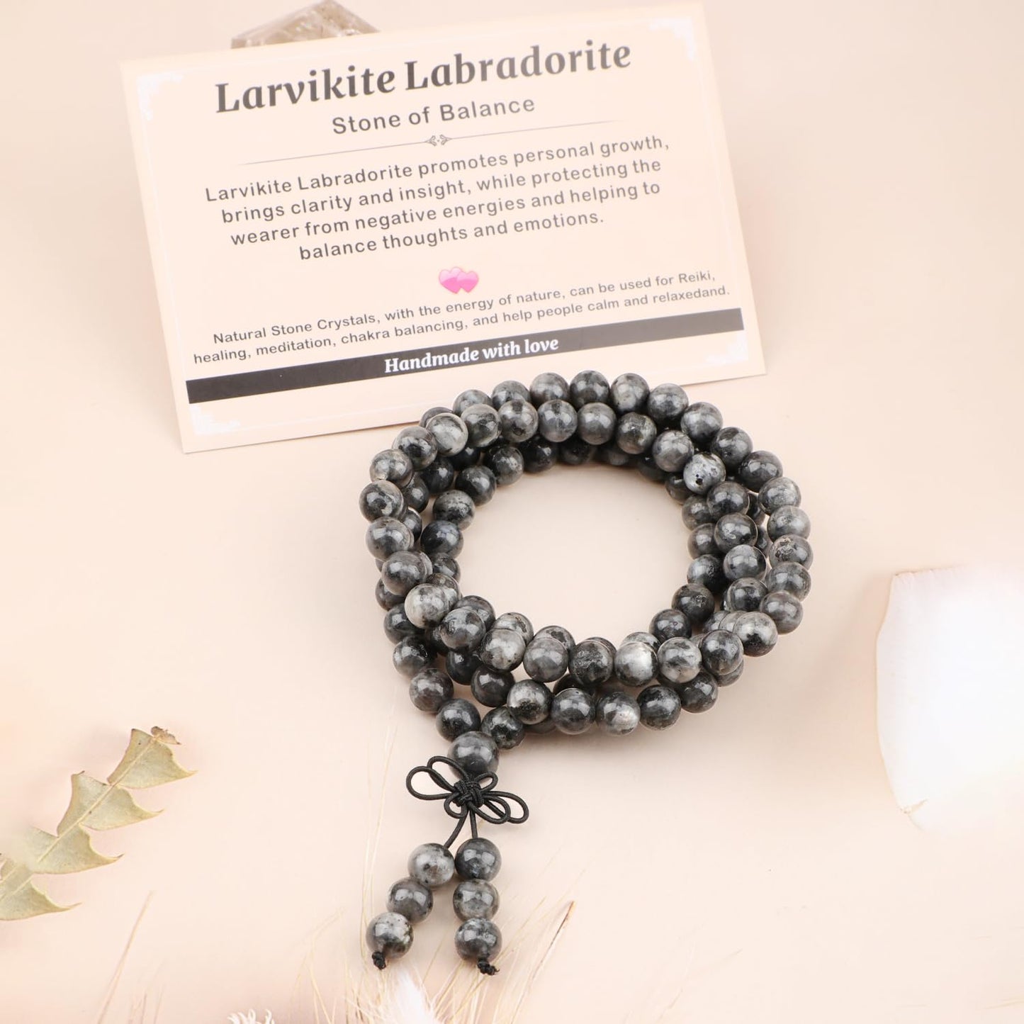 AD Beads 8mm 108 Prayer Mala Larvikite Labradorite Elastic Bracelet - Balance - Handmade Yoga Meditation Healing Power Energy Gifts for Unisex Adult.