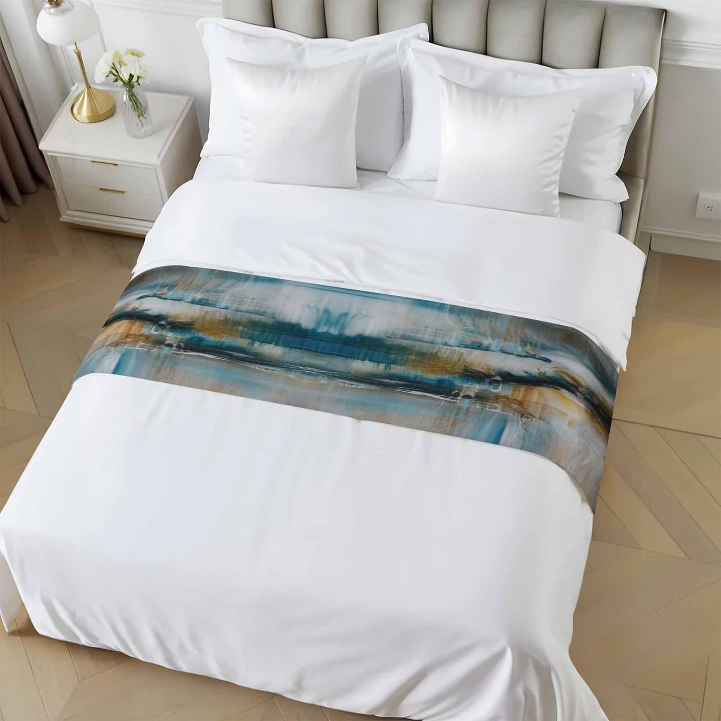 ZFUNCING Abstract Mottled Turquoise Green Gray Art Bed Runners for Bedroom Hotel,Decorative Bedding Scarf Retro Painting Bed End Blanket Bedding Runner Scarves for Queen Size Bed,94x20in