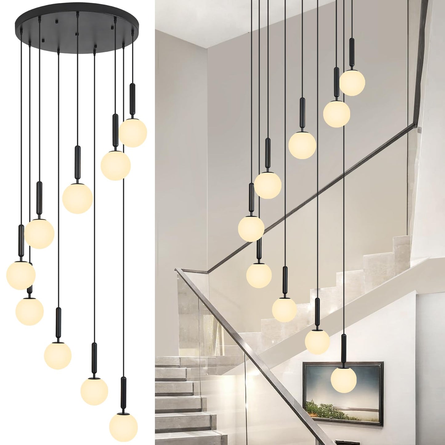 FDPBY 9-Lights Black Chandelier with Milk White Glass Mid Century Modern Globe Pendant Light for Foyer Living Room Entryway Hallway