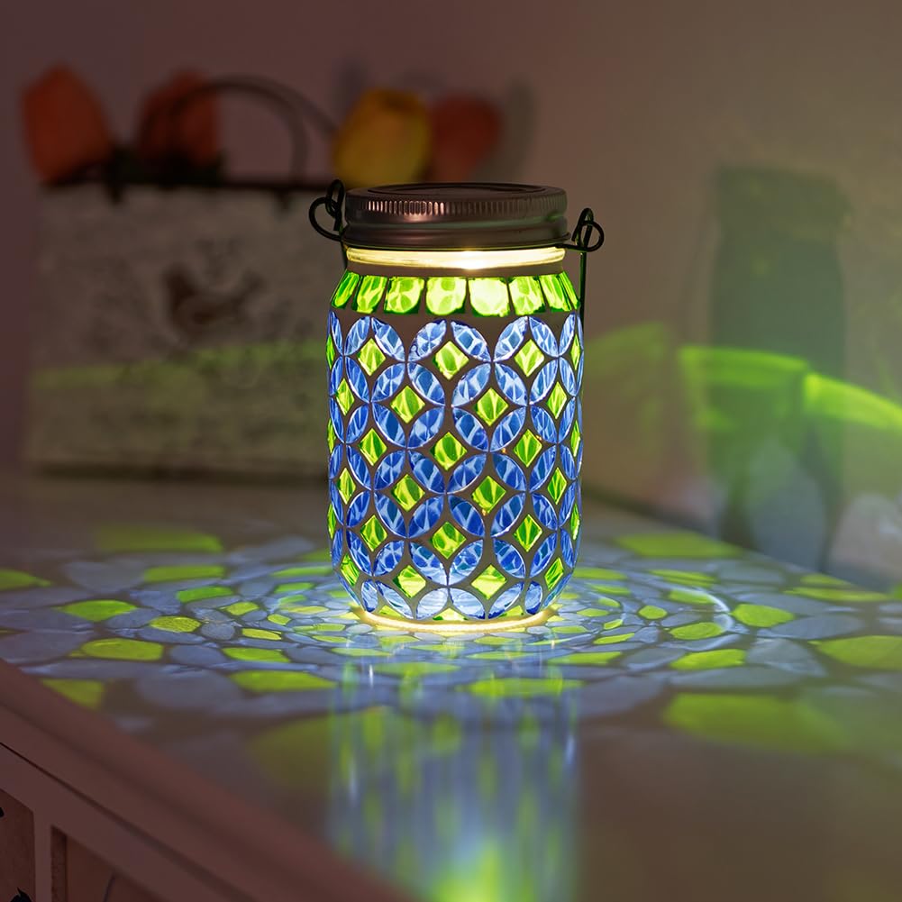 Stargarden Mosaic Solar Lantern , Outdoor Hanging Lantern Waterproof Table Lamp Mosaic Night Light for Tree, Garden, Patio, Yard, Outdoor(Blue Green)