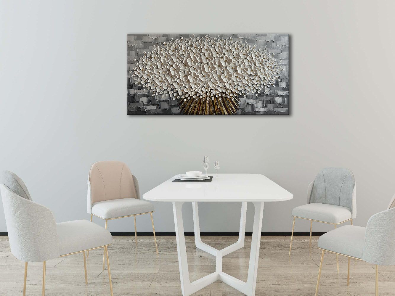 Alenoss Gray and White Abstract Floral, 3D Textured Flower Painting, Modern Living Room Wall Art, Gray Canvas Wall Decor