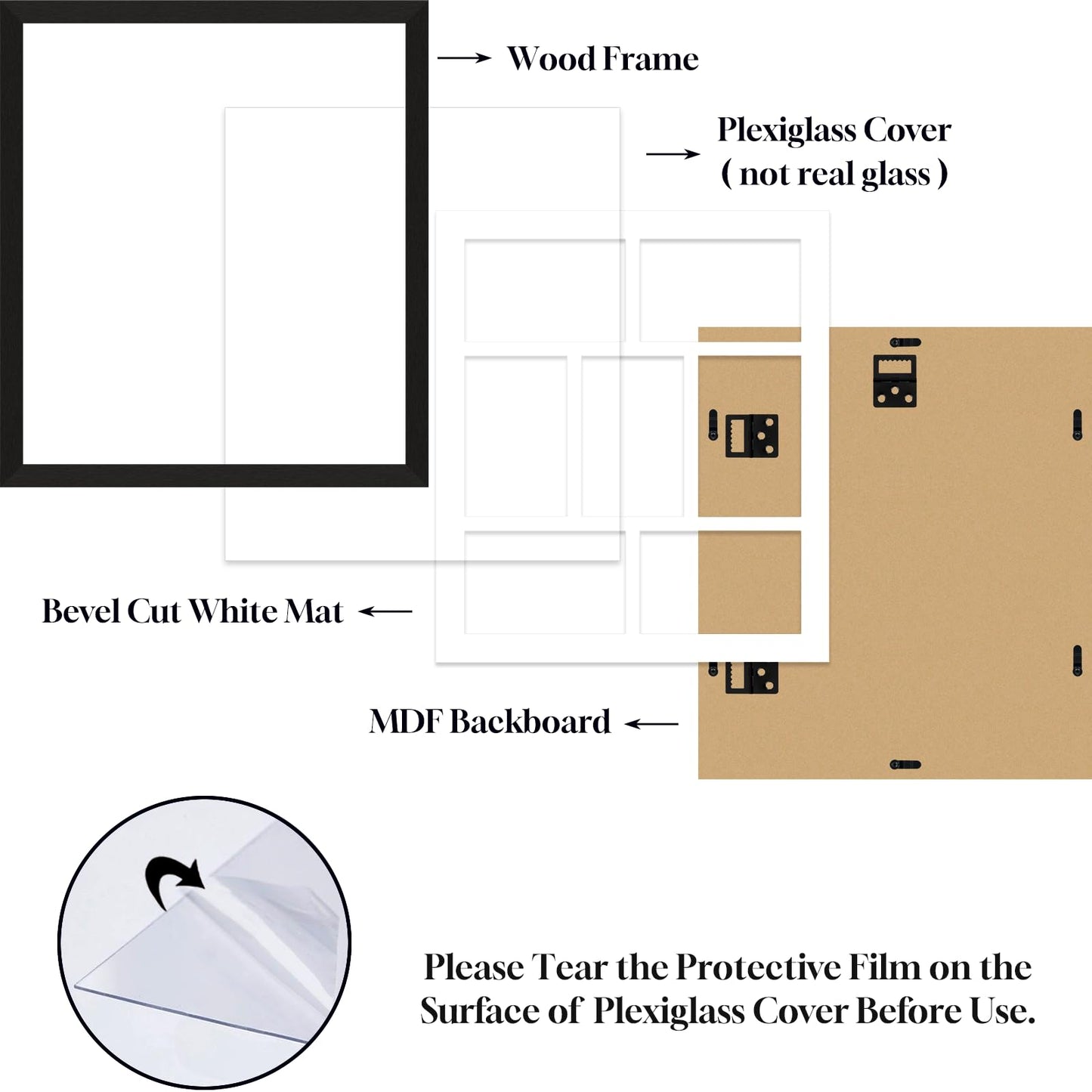 Lacopgr 4x6 Picture Frame Collage 7 Openings, 13.5"x15.5" Multi Photo Collage Frame 4"x6" Gallery Wall Decor Wooden, Black Frame with White Mat, Wood