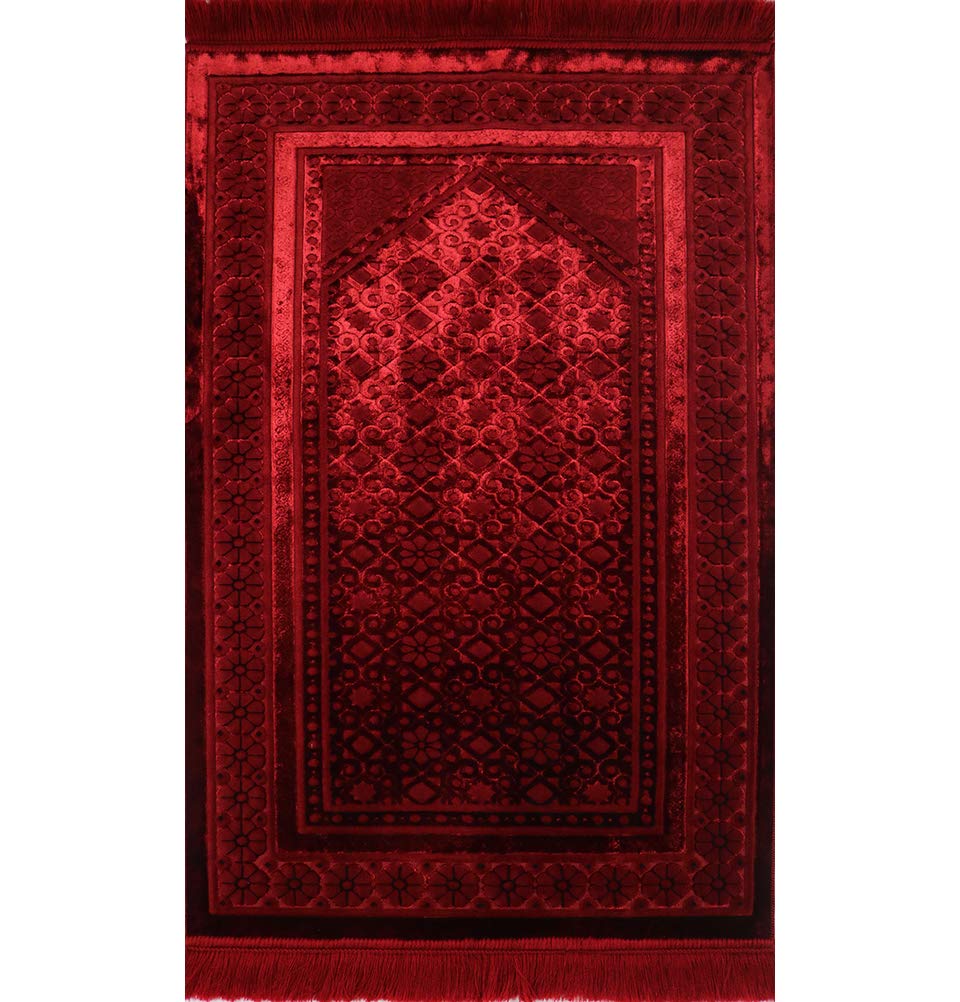 Modefa Velvet Prayer Rug - Soft Plush Turkish Janamaz Sajada Carpet for Men and Women - Plain Solid Prayer Mat Ramadan Eid Gift - with Prayer Beads - Luxury Floral Stamp (Red)