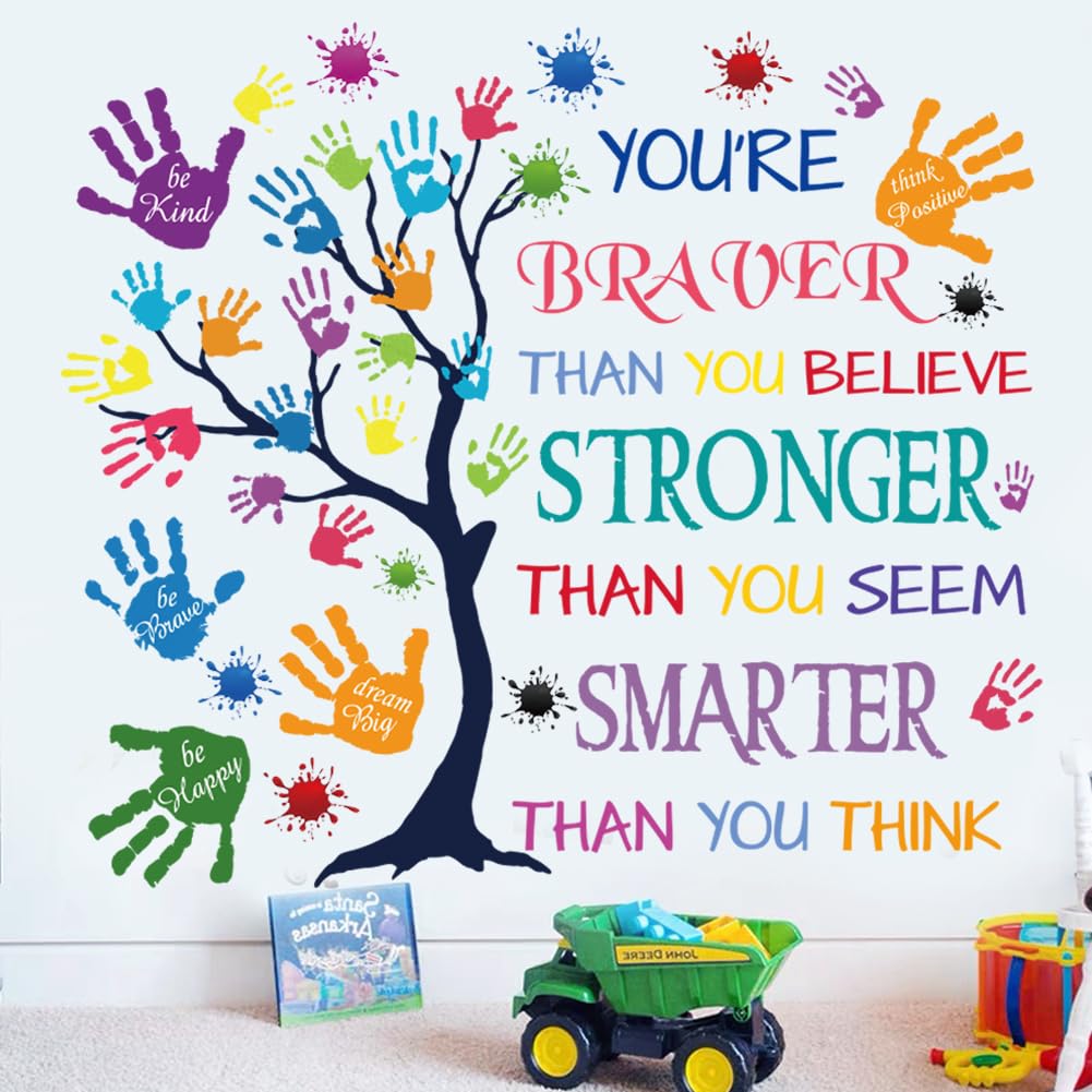 Colorful Inspirational Quote Wall Decal-You’re Braver Than You Believe, Stronger Than You Seem, Smarter Than You Think, Motivational Quote Phrases Wall Sticker Kids Room Nursery, Classroom Decor.