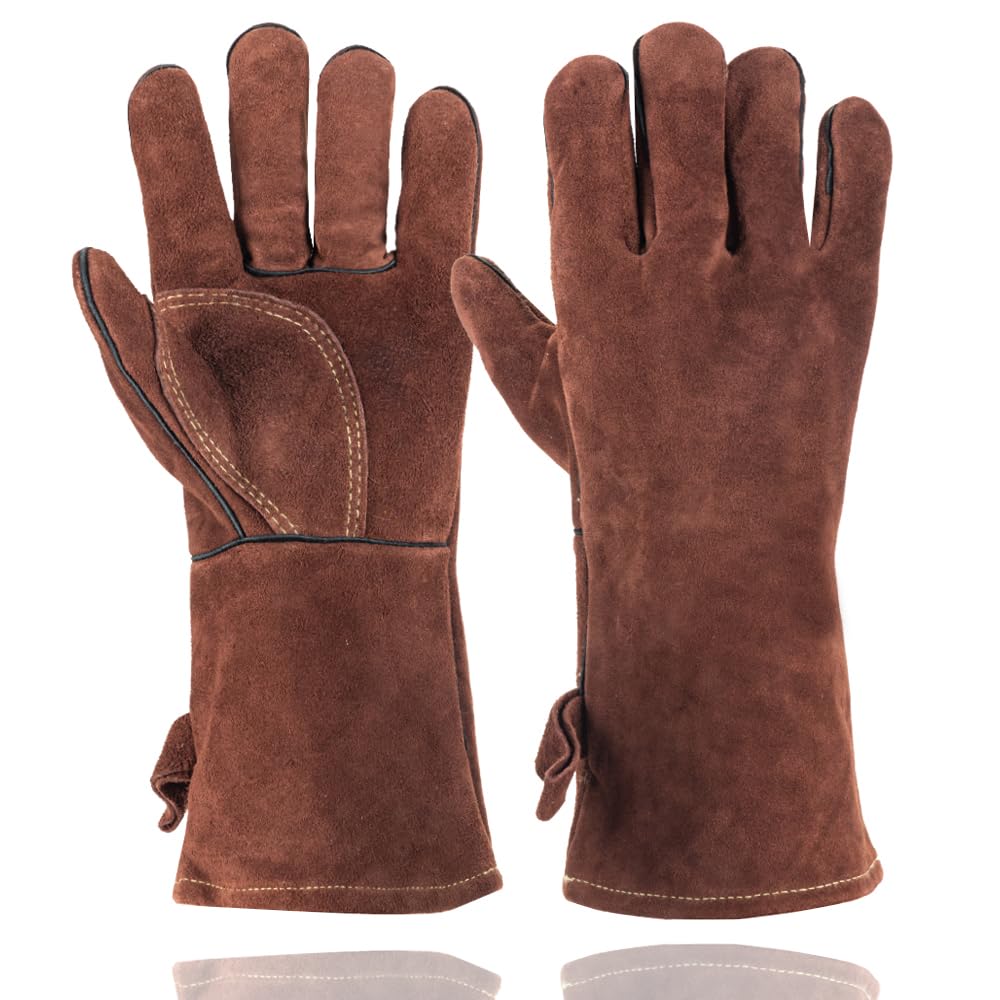 LAIKEANDUN Fireproof Gloves for Fireplace & Fire Pit, Welding Gloves for Men & Women - 14 Inch Heat Resistant Leather Work Gloves (662℉) for MIG/TIG, BBQ, Camping - Premium Cowhide, Durable