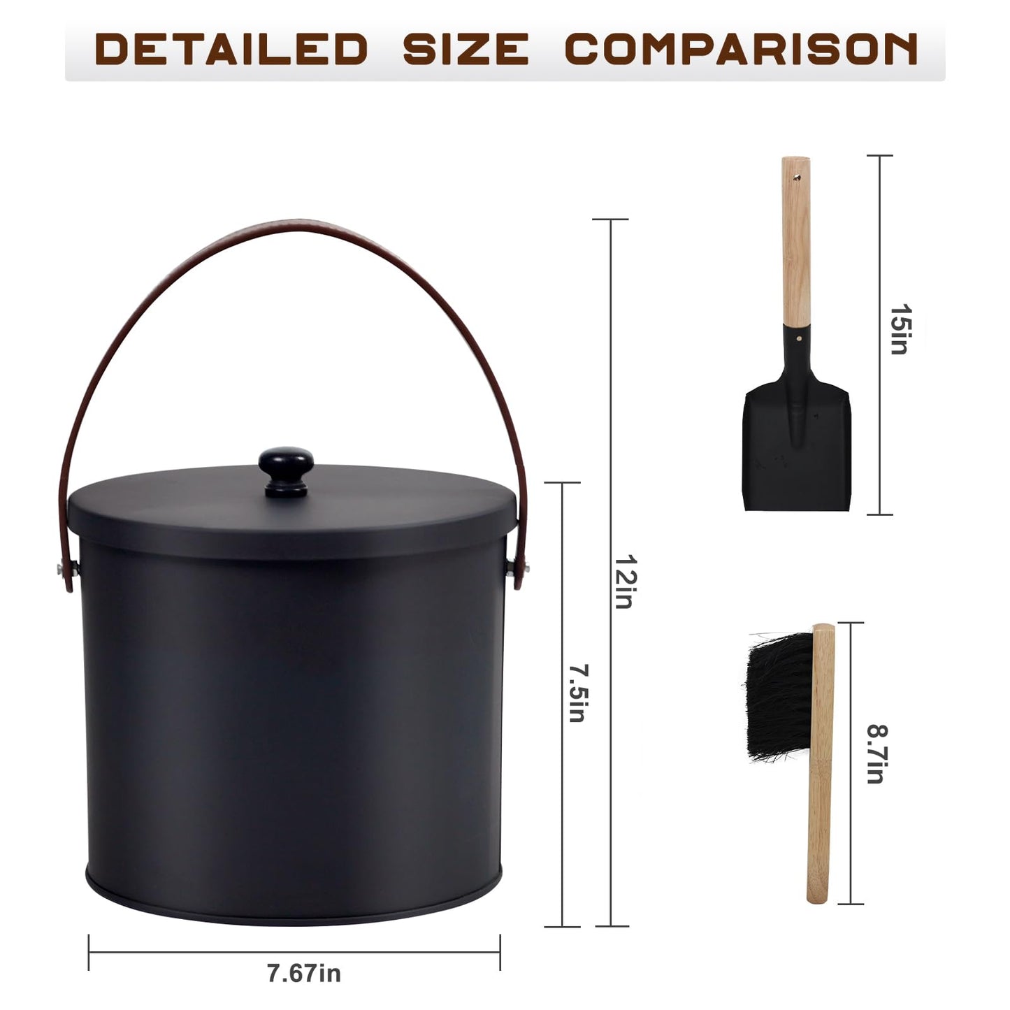 BRIAN & DANY Mini Ash Bucket with Lid and Shovel, 1.2 Gallon Fireplace Bucket with Broom, Perfect for Fireplaces, Wood Stoves