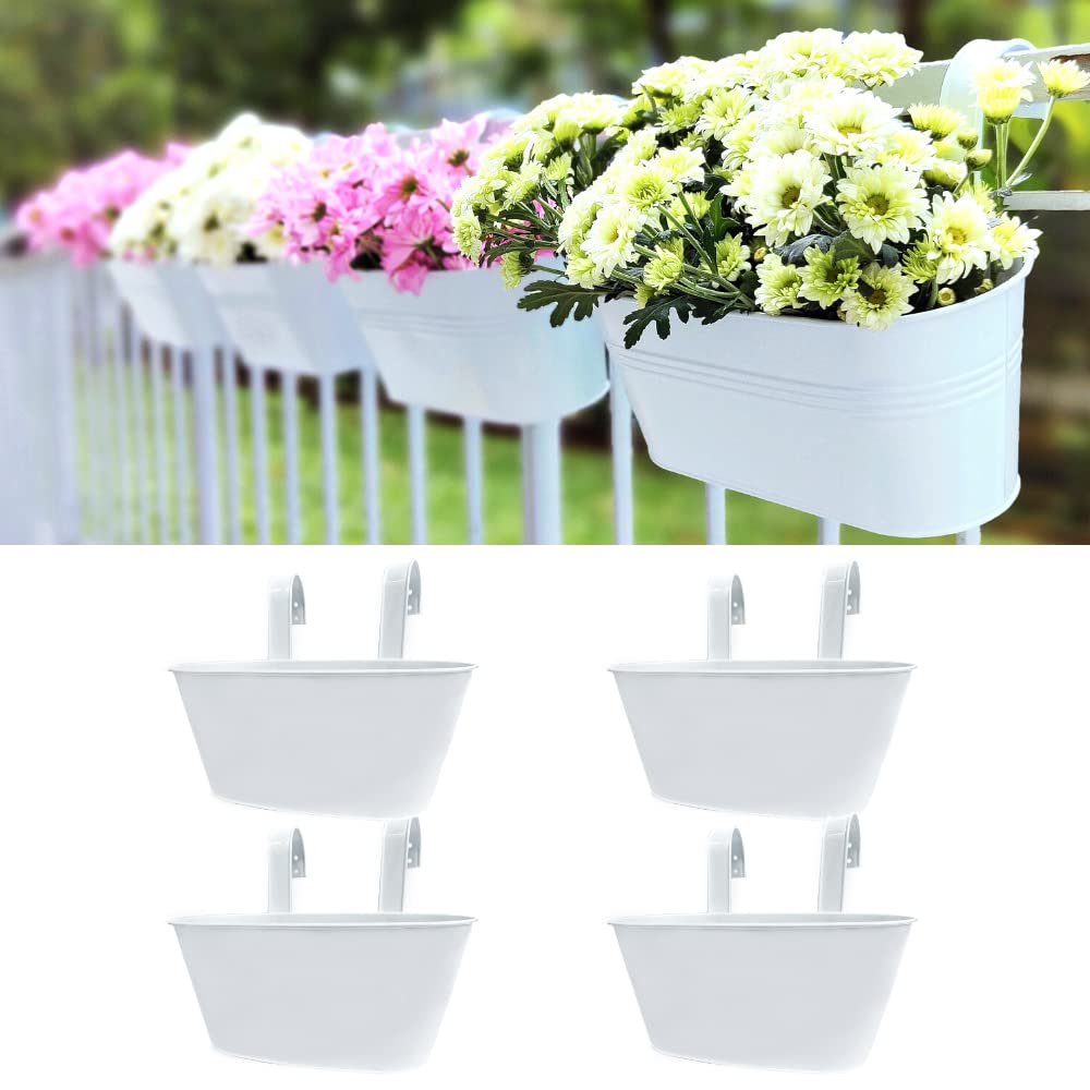 Maxona Metal Iron Hanging Flower Pots, 4 Pack, 9.8 Inch Oval White Railing Fence Hanging Bucket Pots Countryside Style Window Flower Plant Holder with Detachable Hooks Home Décor