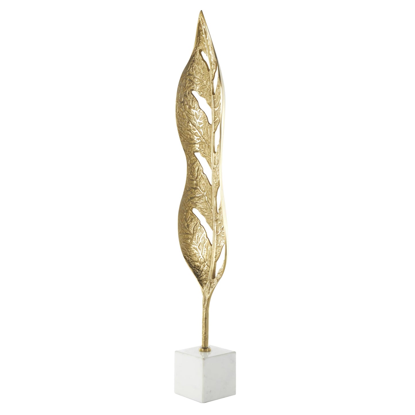 Deco 79 Aluminum Metal Leaf Decorative Sculpture Tall Textured Cutout Home Decor Statue with White Marble Base, Accent Figurine 7" x 4" x 35", Gold