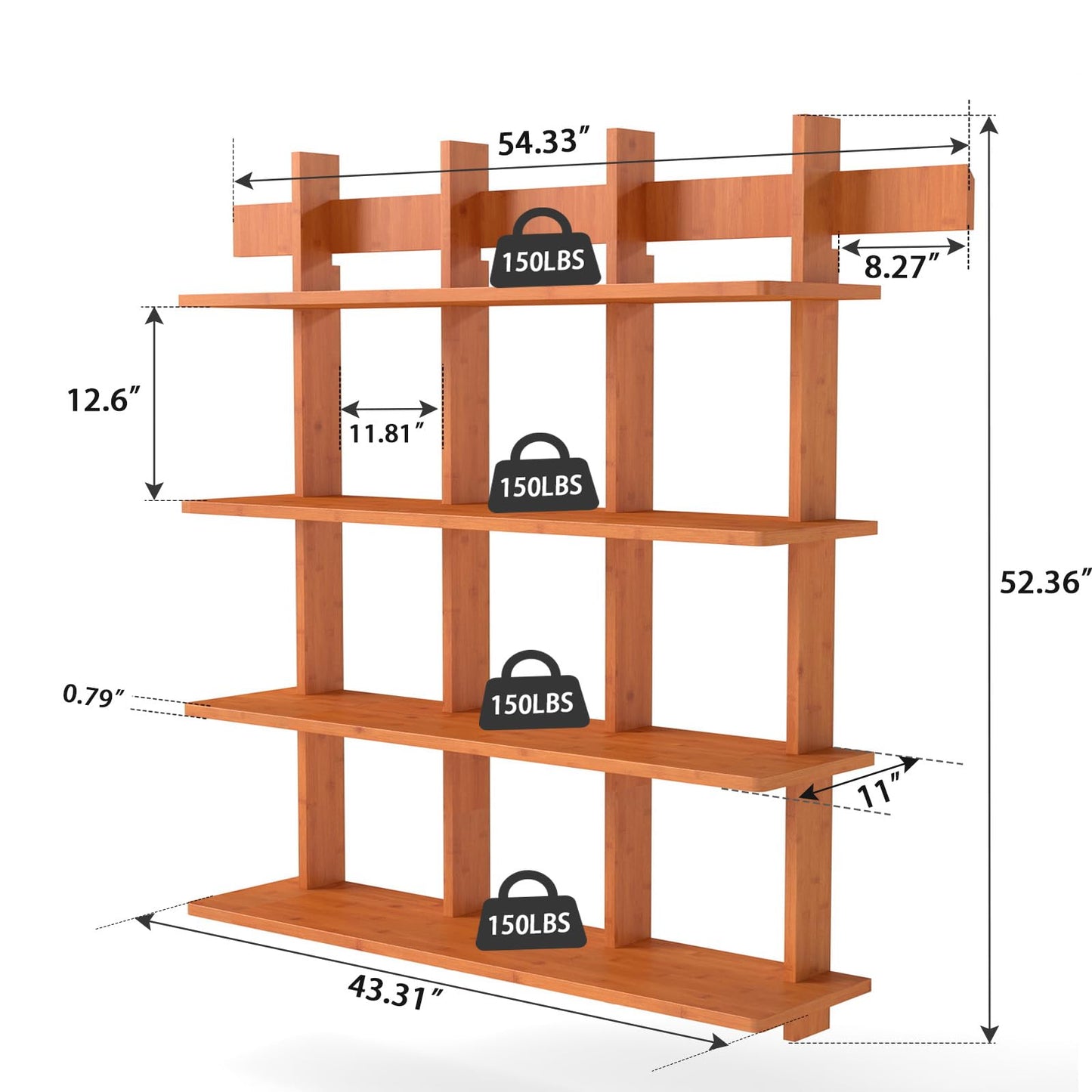 Raykion Bookshelf 4 Tier Wall Mounted Display Shelf, Space-Saving Floating Bamboo Bookcase Heavy Duty 600lbs, Storage Organizer for Living Room Bedroom Office, 43" W x 52" H