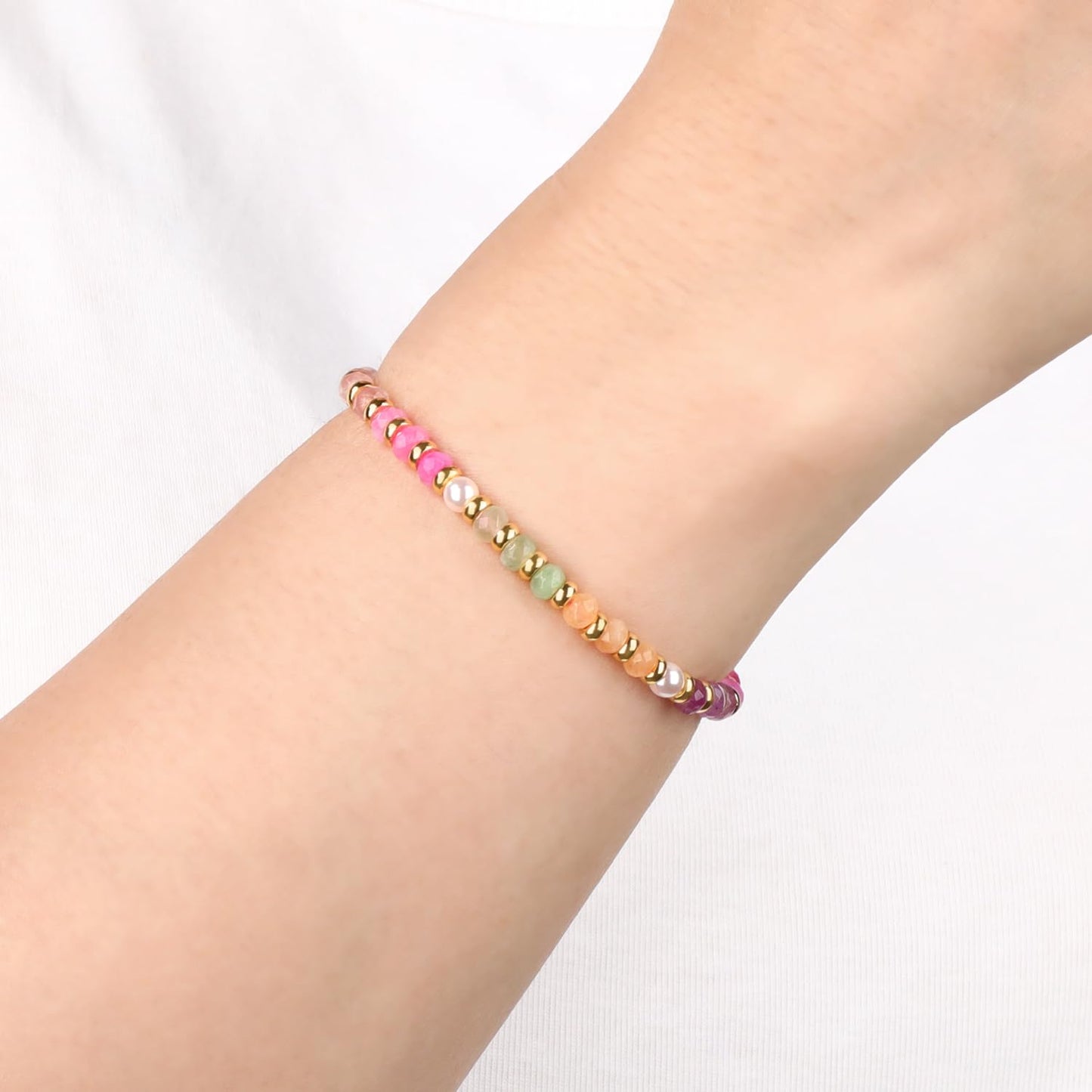 QOGIR Multicolor Beads - A Burst of Vibrant Energy - 14k Gold Plated Beads Natural Gemstone Stretch Elastic Dainty Healing Beaded Bracelets Gifts 2x4mm