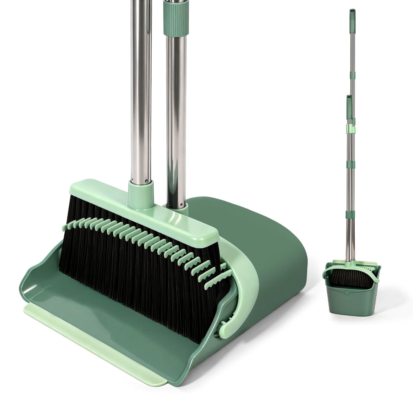 YZO Broom and Dustpan Set, 54.33 Inch Long Handle Standing Design, Dustpan Front Rubber Tight Seal, Broom with 5 Layer Bristles, Suitable for Living Room, Bedroom, Yard, Office and Apartment(Green)